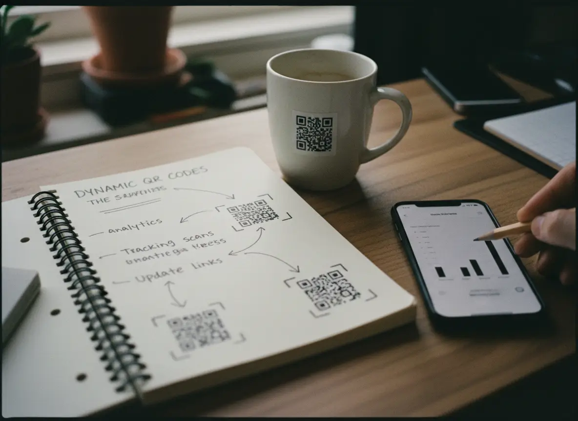 A notebook with hand-drawn notes about dynamic QR codes next to a coffee mug with a QR code and a phone showing scan analytics on a desk.