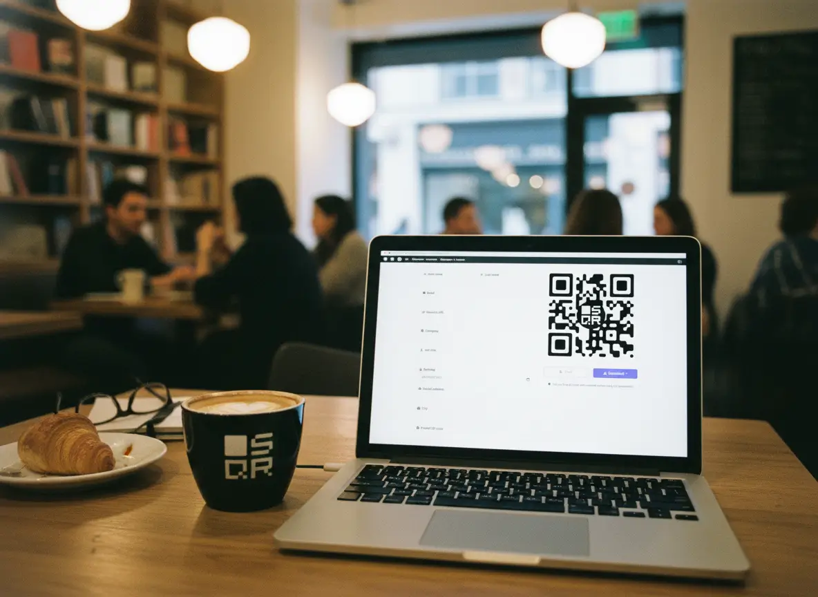 A laptop on a café table shows a contact QR code being created, with coffee and people in the background, illustrating how a QR code can add contact details to a phone instantly.