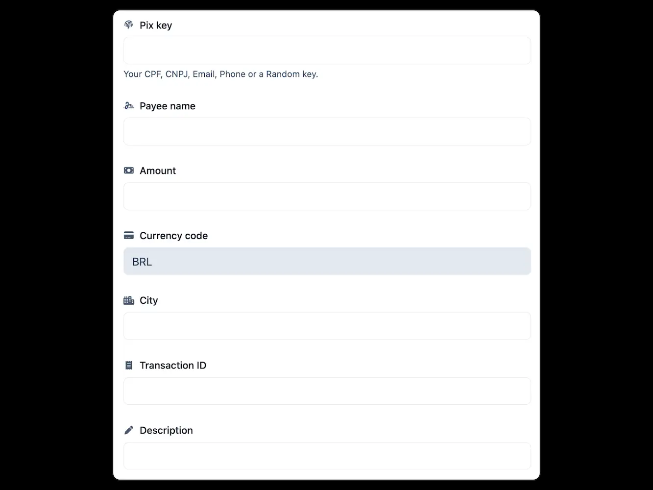 PIX Payment QR code form