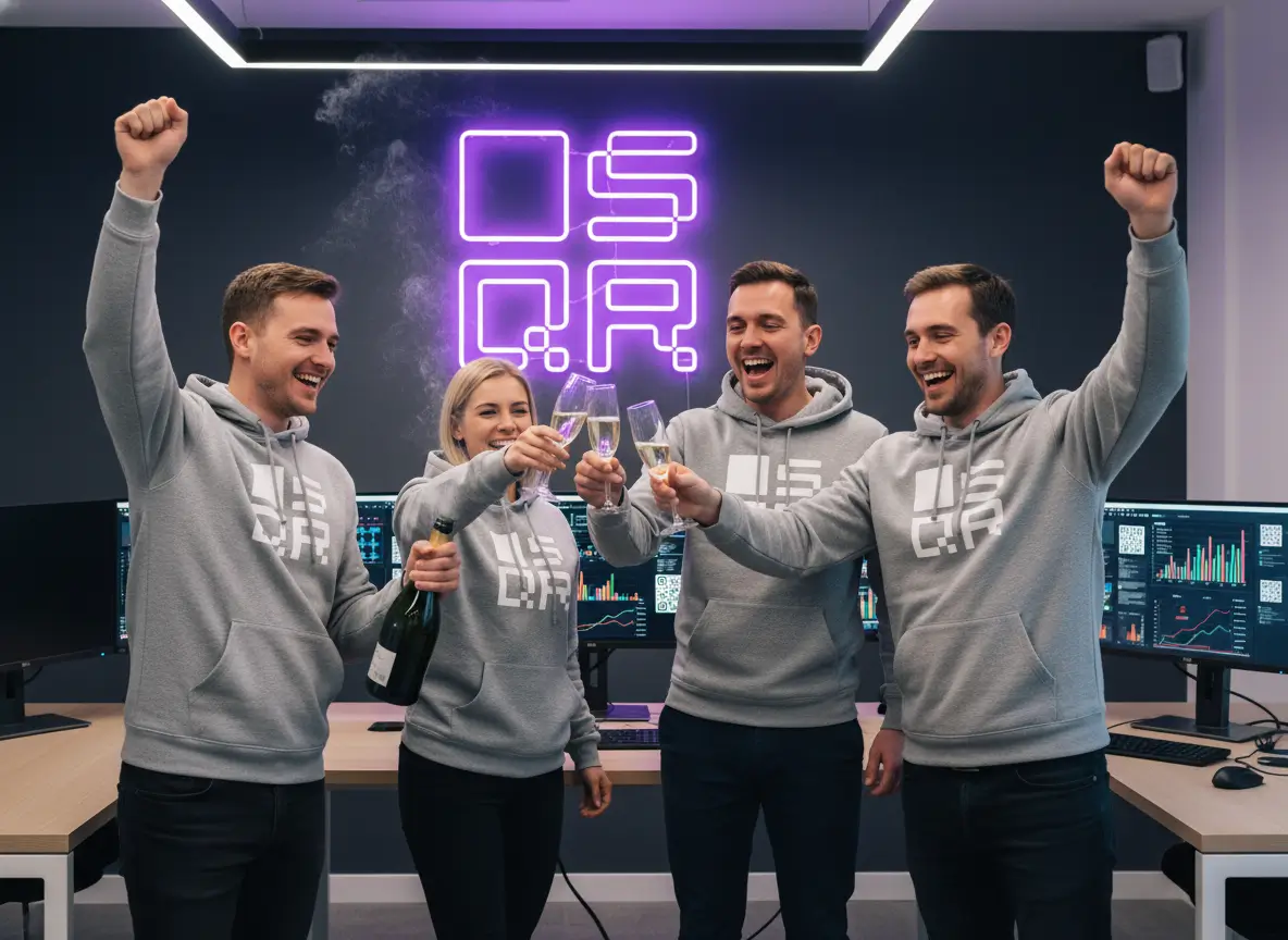 SQR team in grey hoodies celebrating 4 years, laptop with QR analytics, purple neon SQR logo.