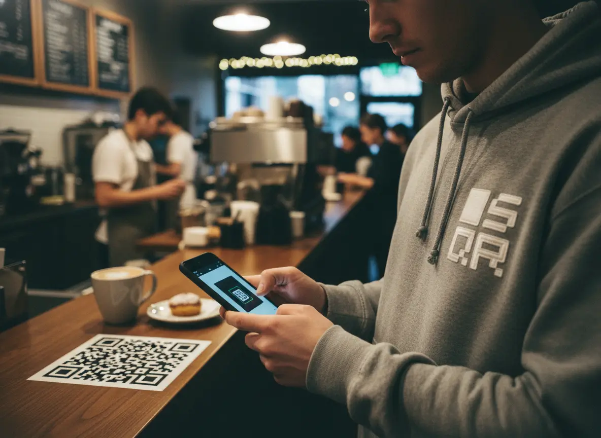 Customer in a coffee shop scanning a printed QR code on the counter using an Android smartphone.