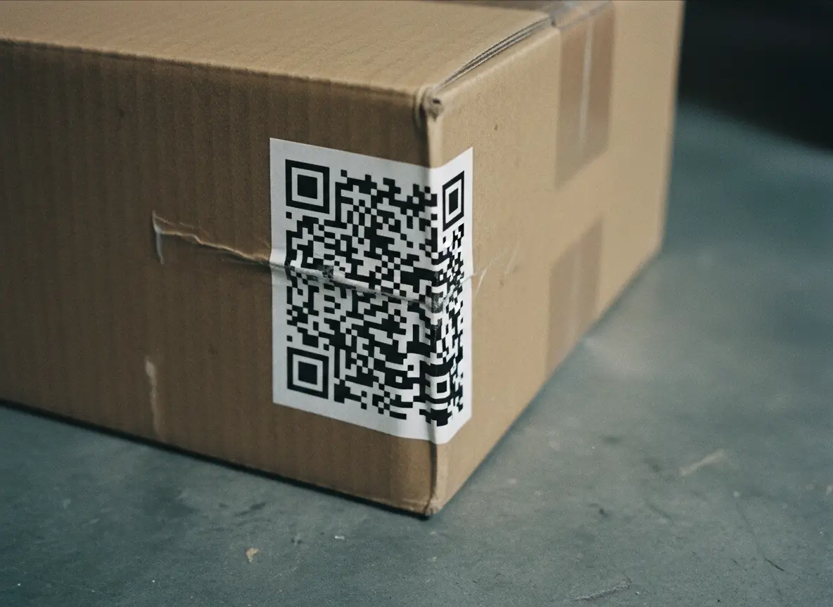 A QR code wrapped around the corner of a cardboard box, making it hard to scan.