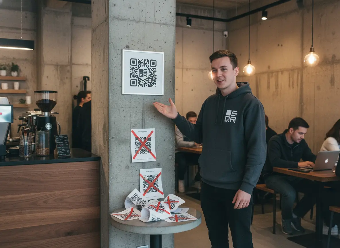 Person in SQR hoodie pointing at a clean QR code on a concrete wall above several crossed-out old QR prints.
