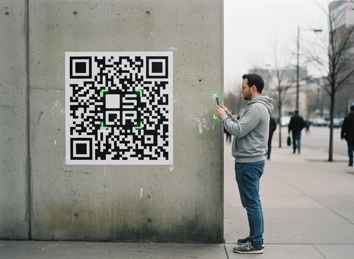 Man scanning a large QR code printed on a concrete wall in a city street, showing real-world scanning distance and proper QR code size.