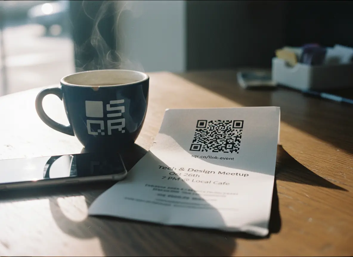 A smartphone resting next to a printed flyer with a QR code on a wooden table, beside a coffee mug, ready to scan and open a link instantly.