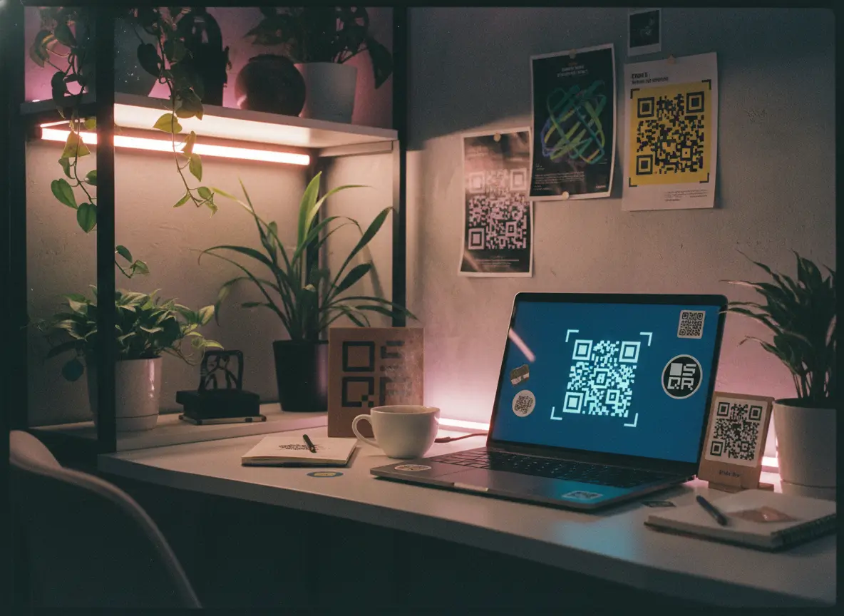 A calm workspace with a laptop, coffee cup, plants, and multiple QR codes displayed on the screen and wall under soft ambient lighting.