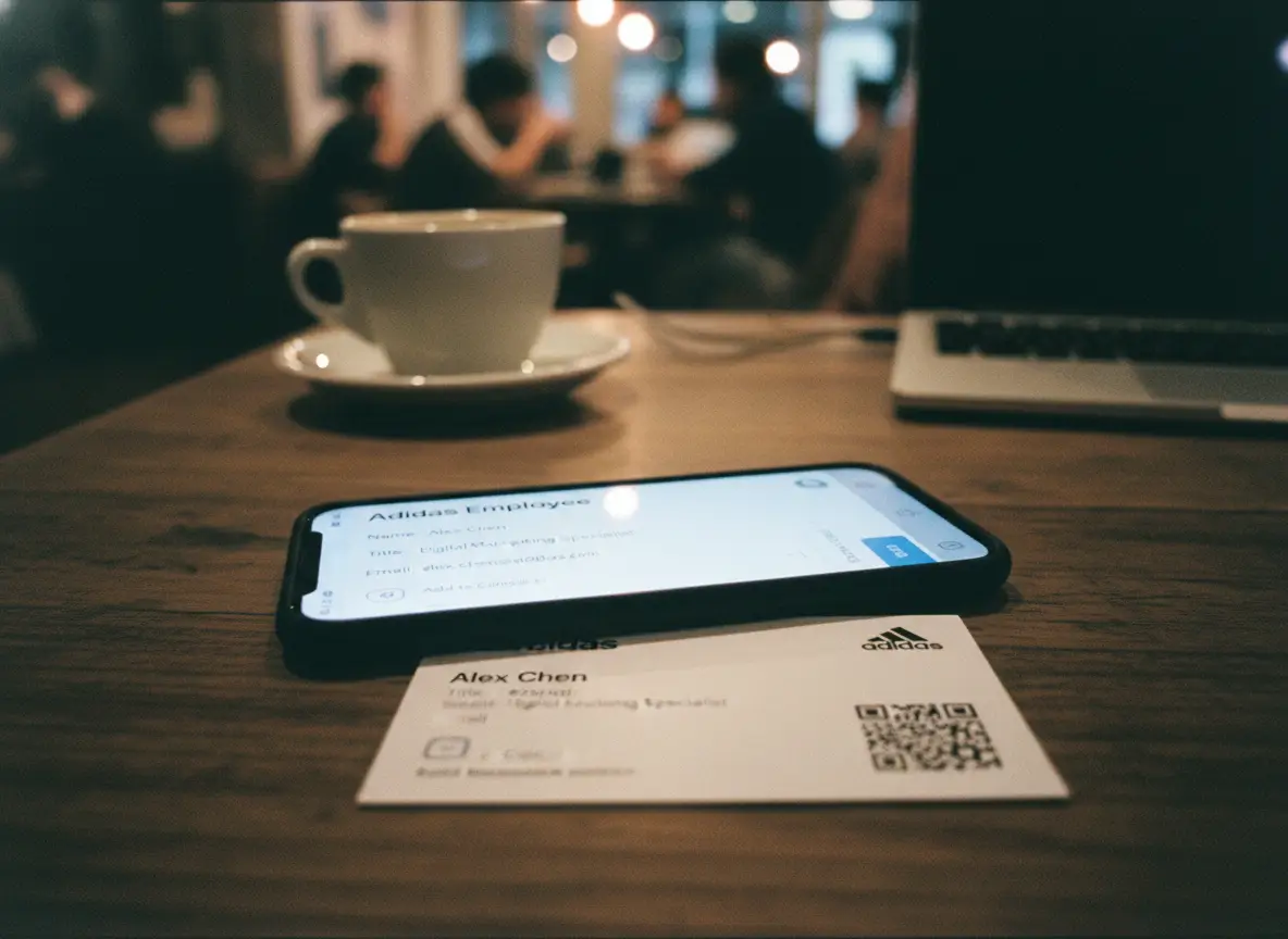 A phone on a café table shows a contact save screen next to a QR code business card, showing how a scan saves contact details instantly.