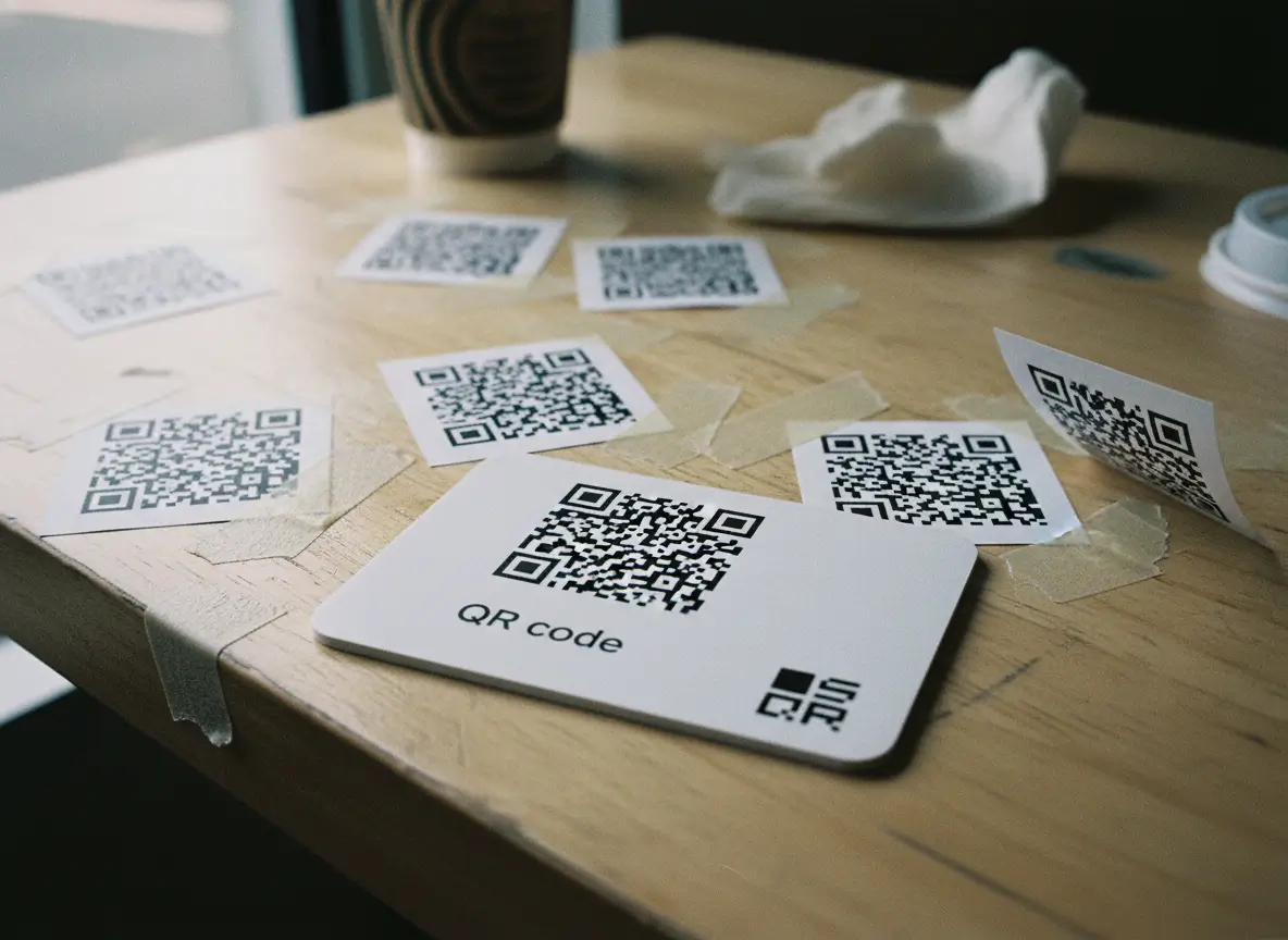 Printed QR codes taped to a wooden table next to a coffee cup, showing different cards and stickers in a casual workspace.
