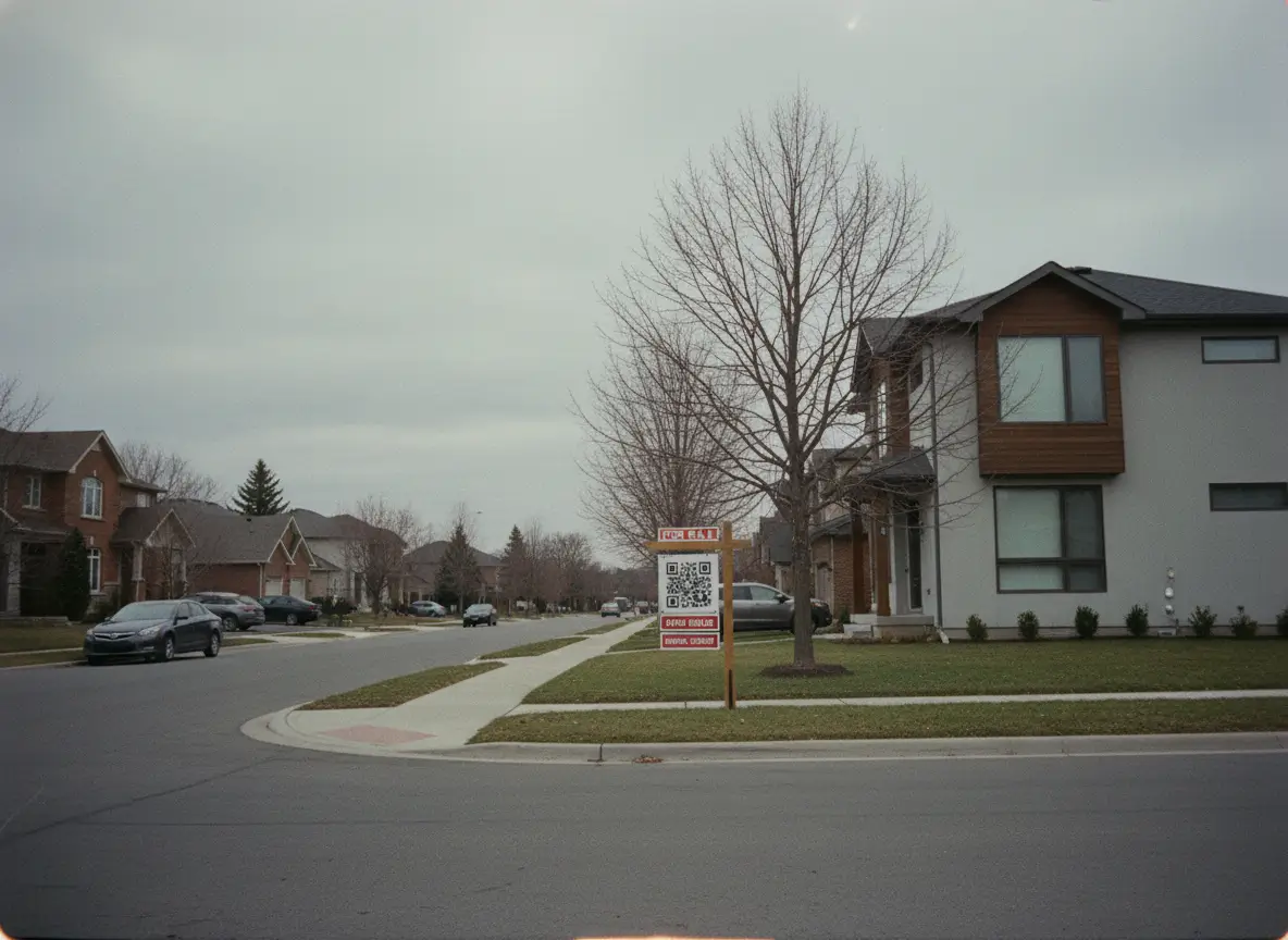 For sale sign with a QR code in front of a modern house on a quiet residential street.