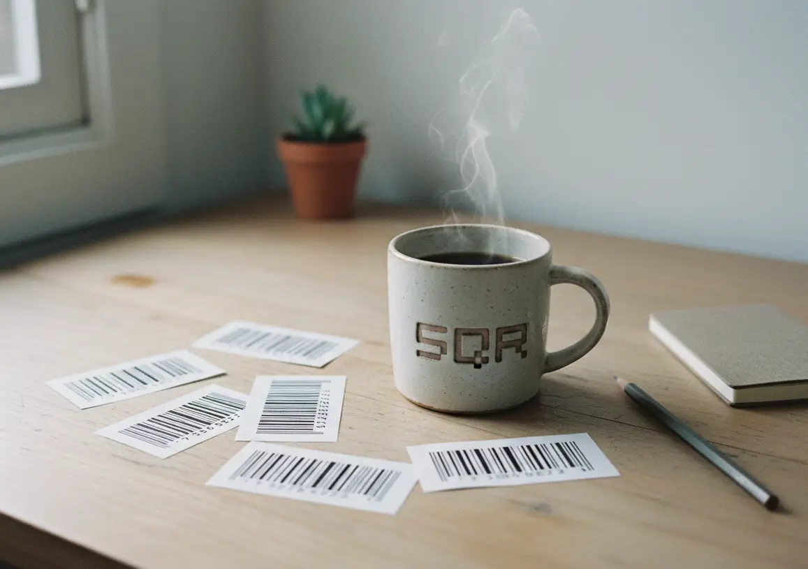 Printed barcode labels on a wooden desk next to a steaming SQR coffee mug, shot in soft natural light with a calm, minimal feel.